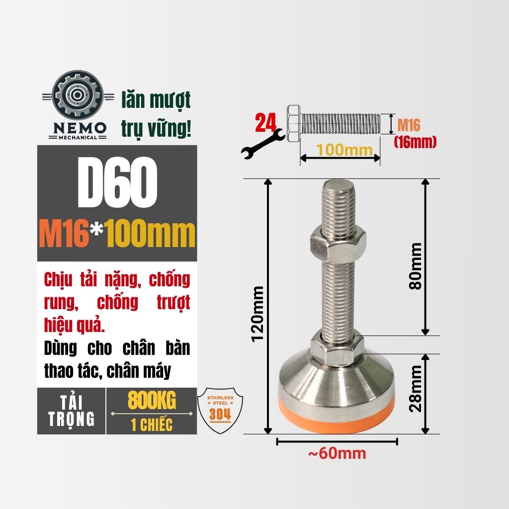 Chân Tăng Chỉnh Inox 304 Ren M16 – Đế Bát Dày Chịu Tải Siêu Nặng 800kg, Chống Ăn Mòn Tuyệt Đối